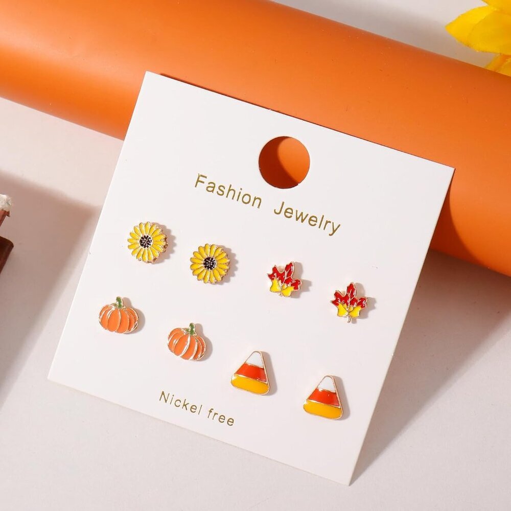 Fall Earrings for Women Pumpkin Sunflower Maple Leaf Candy Corn Stud Earrings Ho - Picture 5 of 6